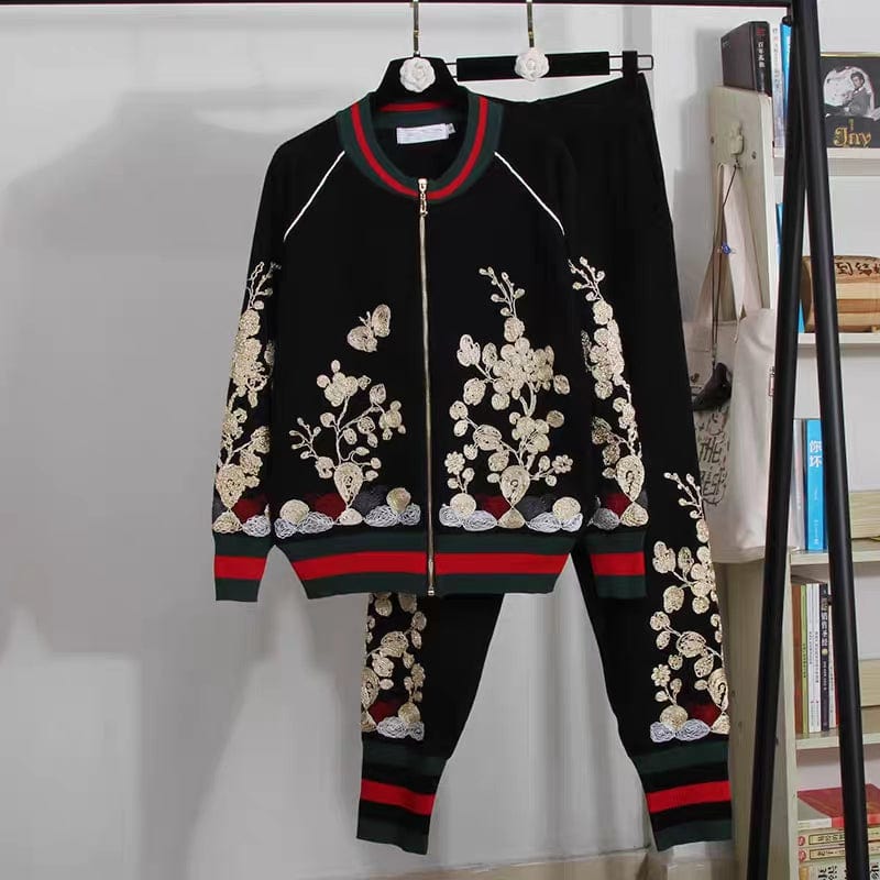 European station suit autumn new embroidery long-sleeved knitted cardigan sweater jacket harem pants fashion two-piece female