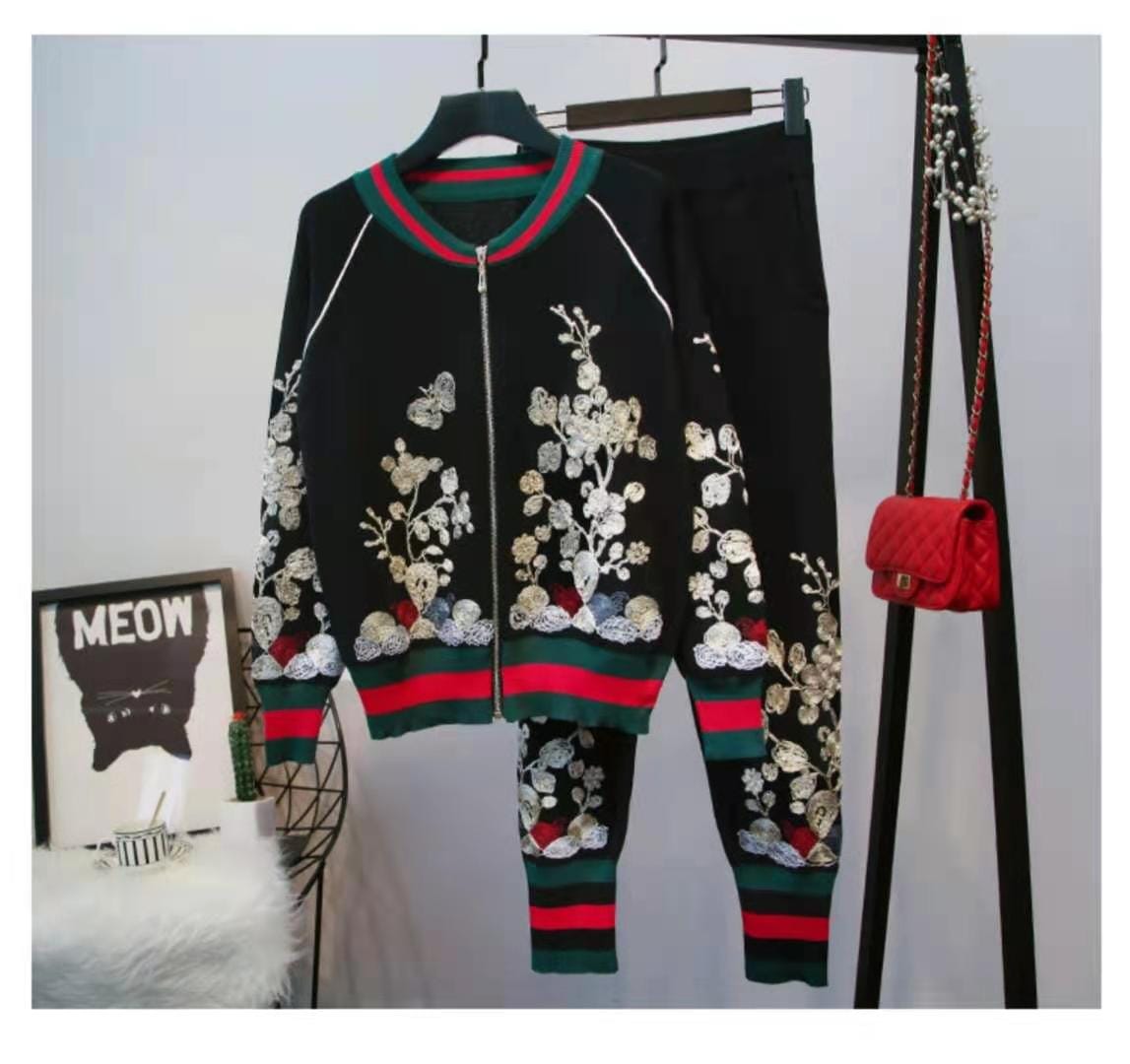 European station suit autumn new embroidery long-sleeved knitted cardigan sweater jacket harem pants fashion two-piece female