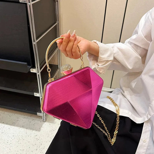 European Women Fashion Diamond Shape Bag Laser Day Clutches Bag Geometric Metal Handle Evening Dinner Party Clutch Shoulder Bags
