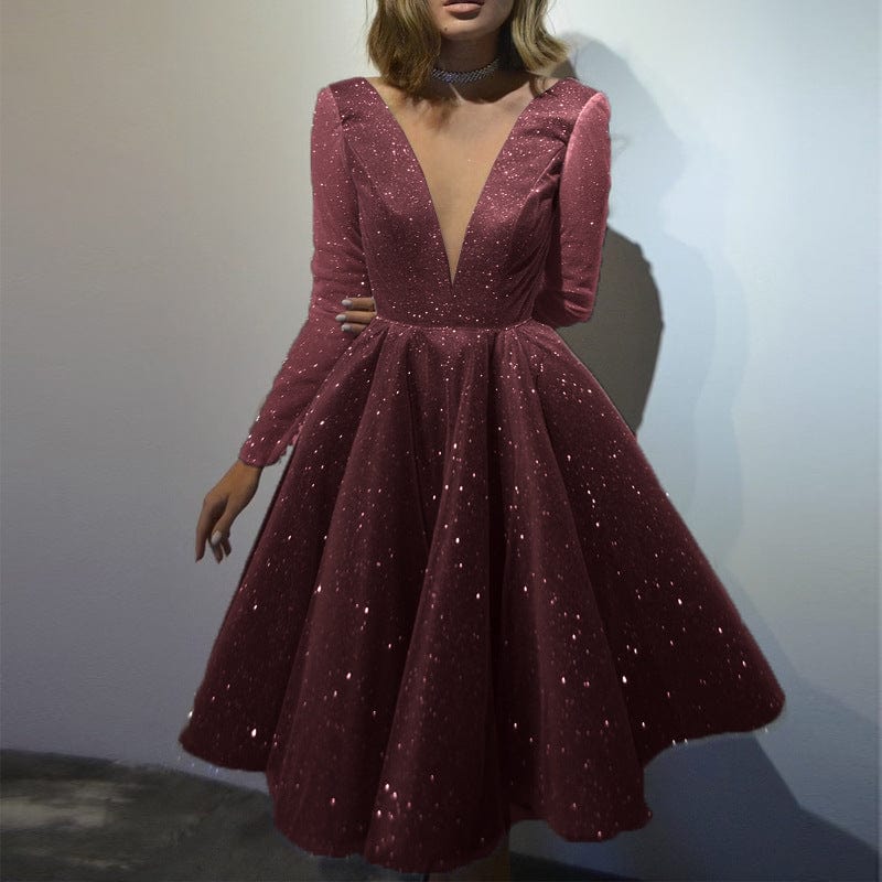 evening dress, prom 10813-SW23 new sequin long sleeve deep-v sexy evening gown dress elegant party for women sehe fashion
