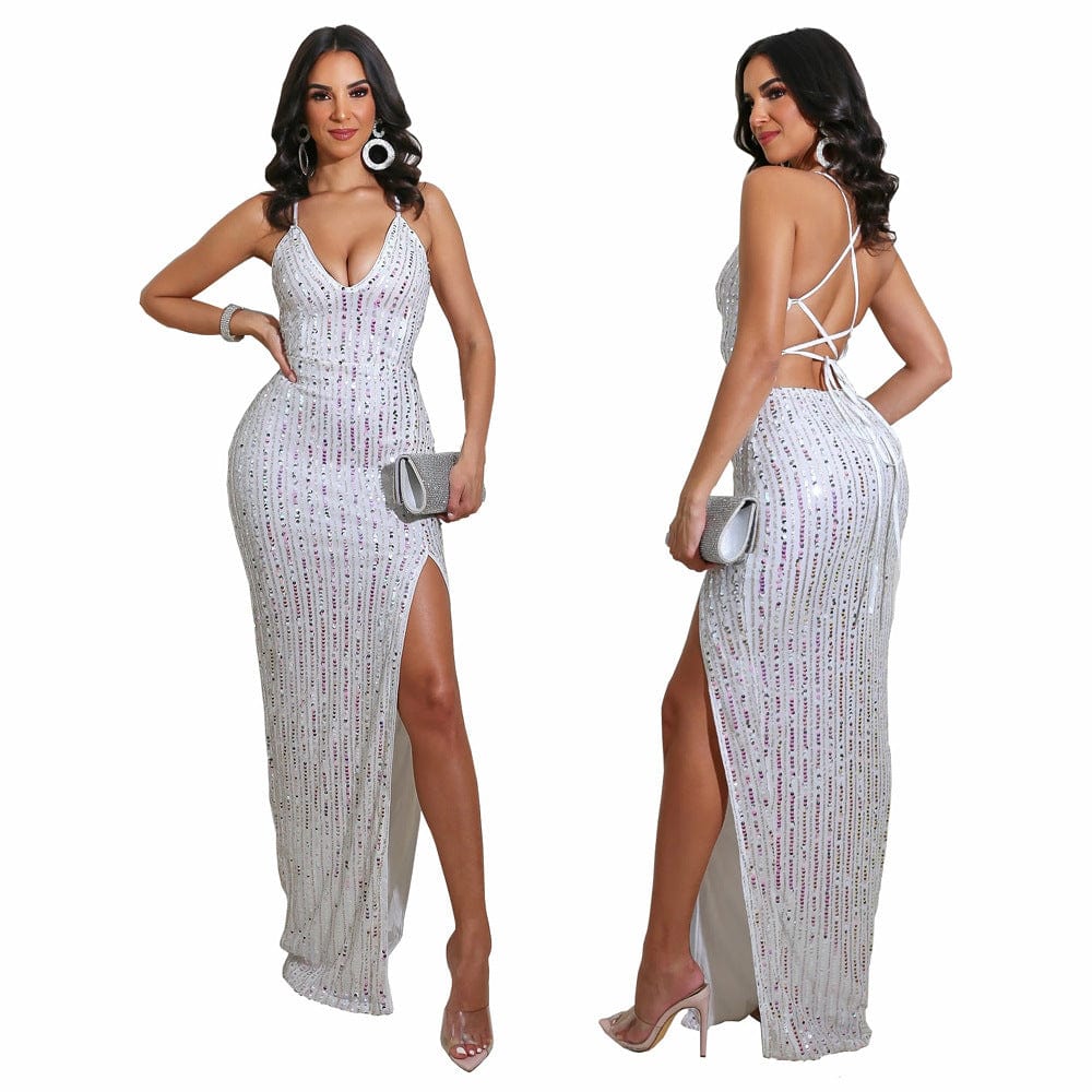 evening dress, prom 4 / White 2023 summer women deep V neck back tie high split sequin elegant evening dress women maxi prom dresses