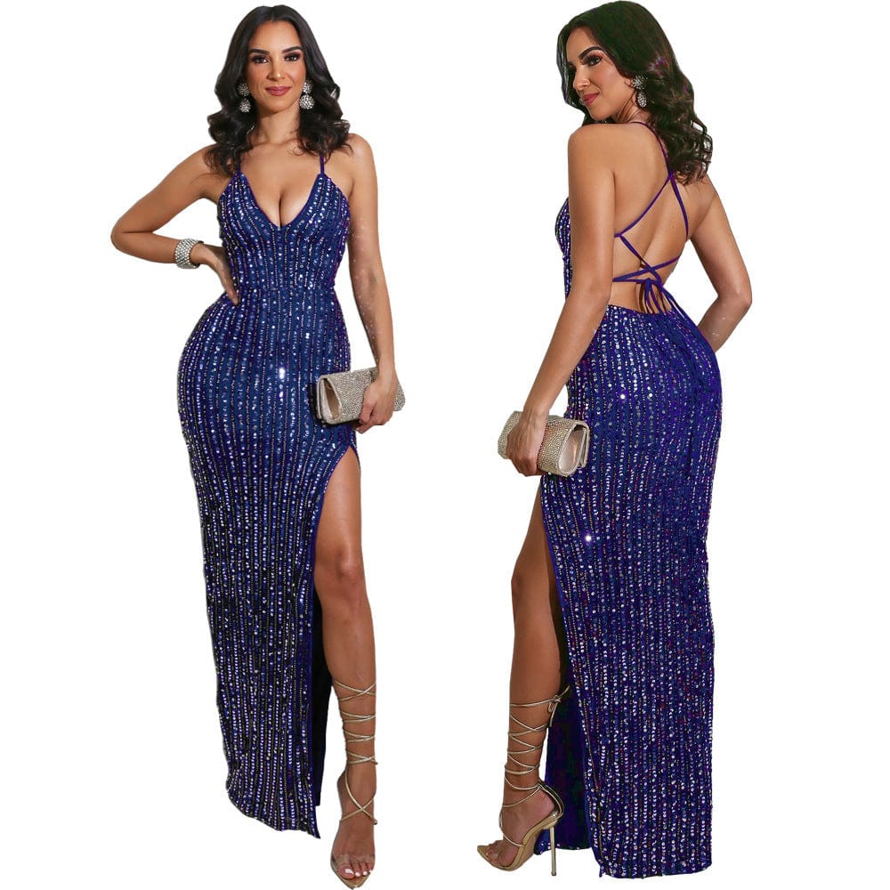 evening dress, prom 6 / NAVY 2023 summer women deep V neck back tie high split sequin elegant evening dress women maxi prom dresses