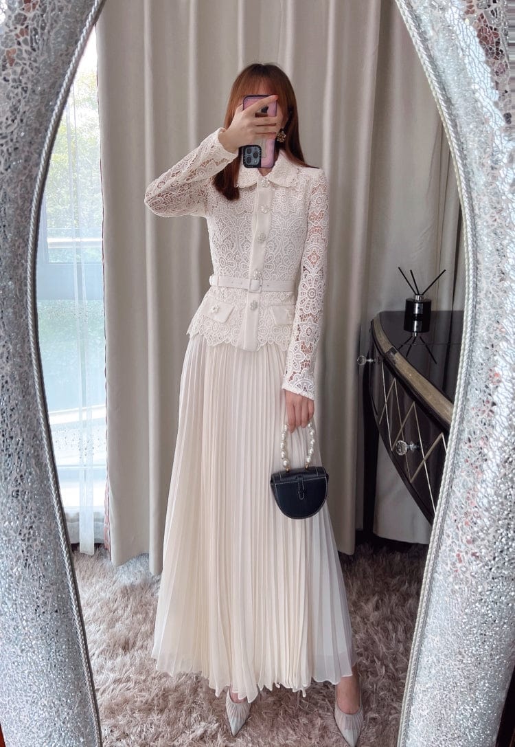 Evening Dresses 2022 New Arrival Fashion Elegant Lady Luxury Dress Long Sleeve Pleated Length Lace Patchwork Dress Women