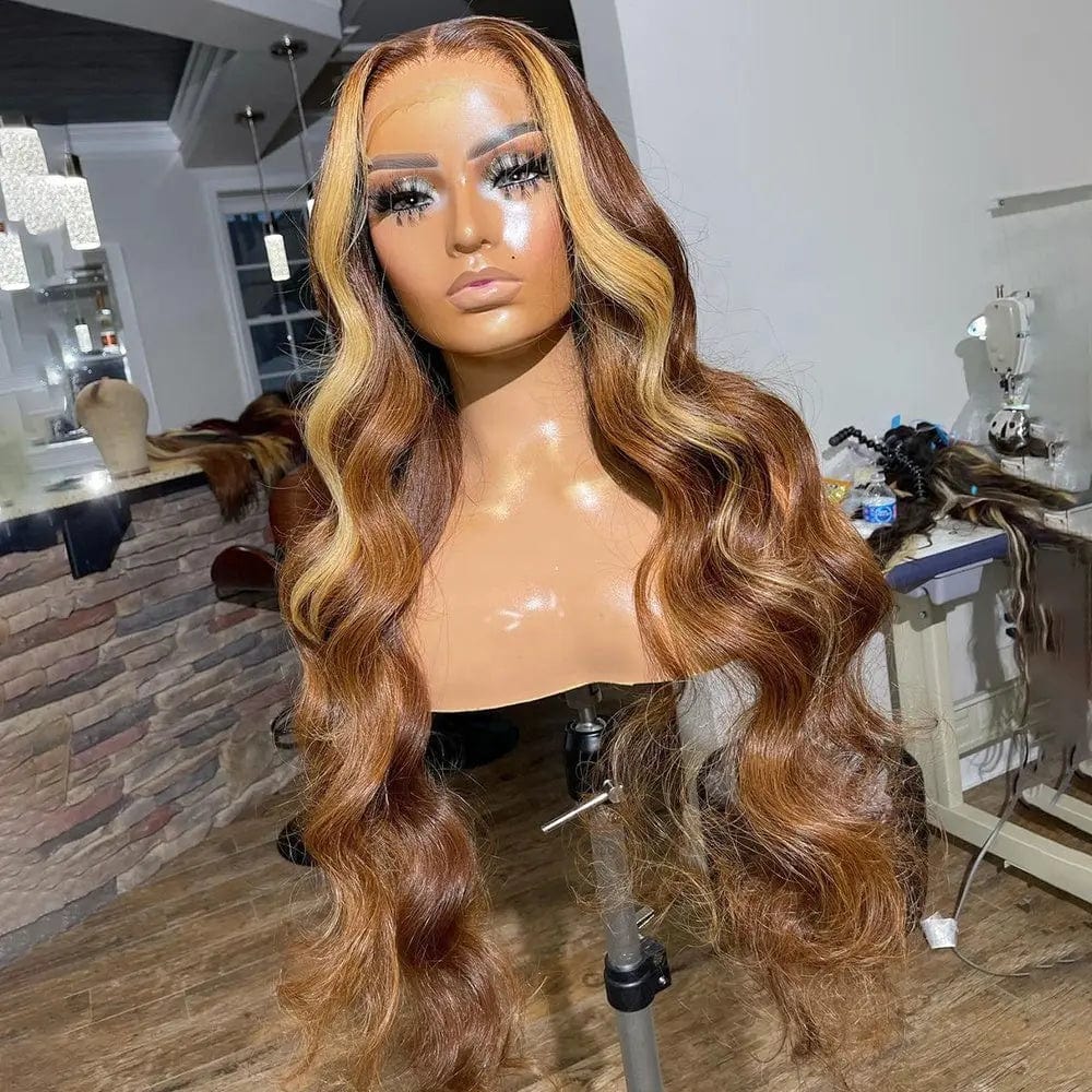 Exotic Water Wave Brown Blonde Highlight Color Wig Cuticle Aligned Vietnam Human Hair Pre Plucked Lace Front Wigs