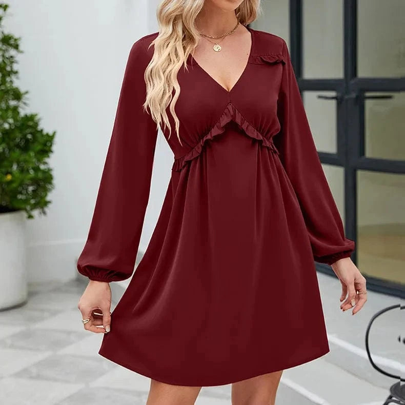 Explosive 2023 Europe and the United States lace-up Spring and Autumn new V-neck dress casual pleated long-sleeved dress