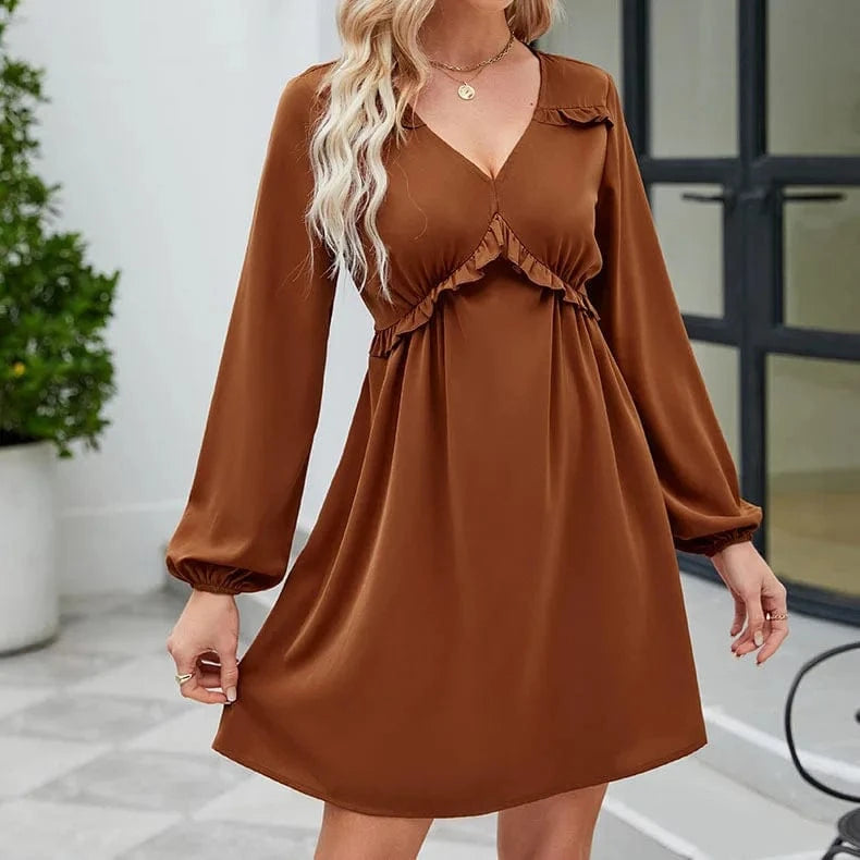 Explosive 2023 Europe and the United States lace-up Spring and Autumn new V-neck dress casual pleated long-sleeved dress