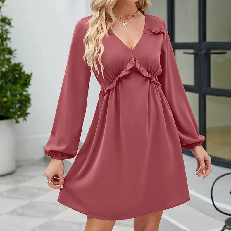 Explosive 2023 Europe and the United States lace-up Spring and Autumn new V-neck dress casual pleated long-sleeved dress