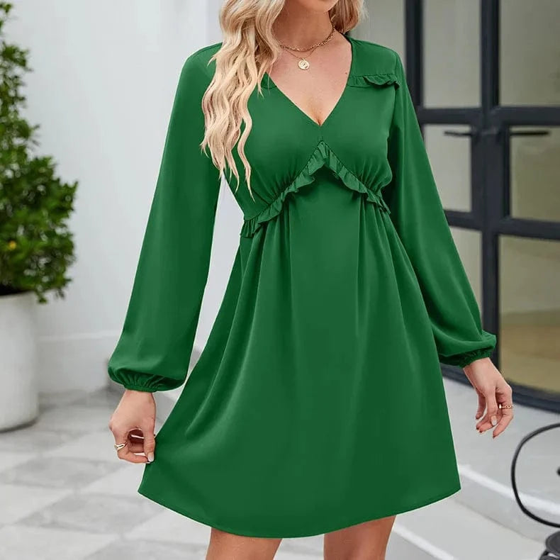 Explosive 2023 Europe and the United States lace-up Spring and Autumn new V-neck dress casual pleated long-sleeved dress