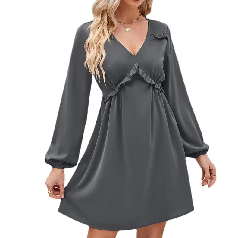 Explosive 2023 Europe and the United States lace-up Spring and Autumn new V-neck dress casual pleated long-sleeved dress