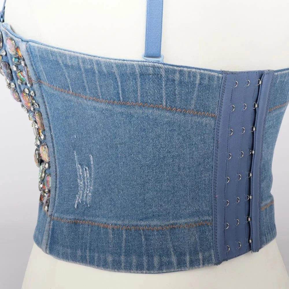 Factory custom denim colorful glittering diamond ball night club women's Bra