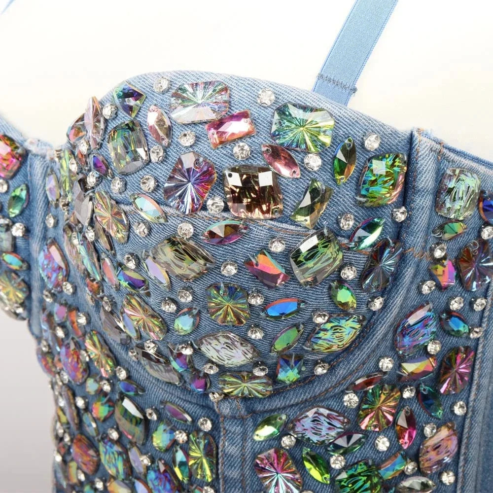 Factory custom denim colorful glittering diamond ball night club women's Bra