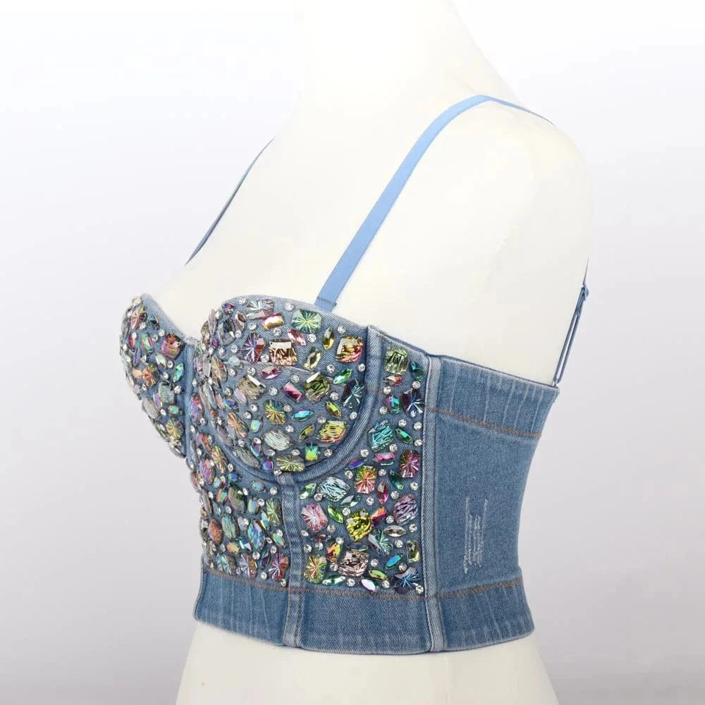Factory custom denim colorful glittering diamond ball night club women's Bra