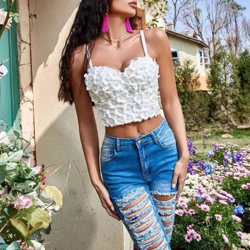 factory Customized spot wholesale flowers bubble pearl women's tights vest bustier top