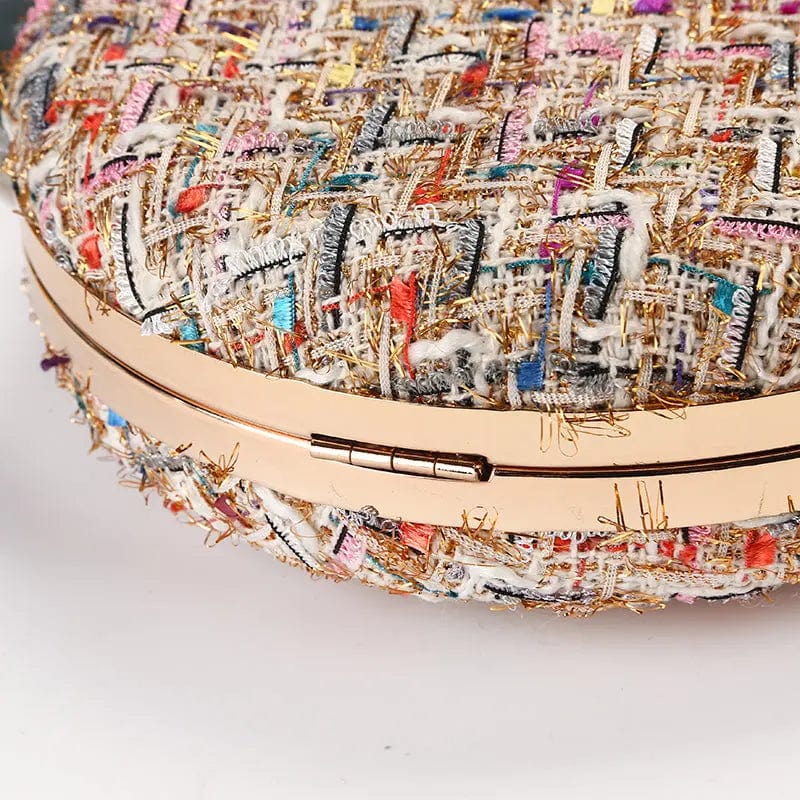 Factory direct wholesale new style round evening bag weave fabric clutches crystal metal handle lady handbags for party banquet