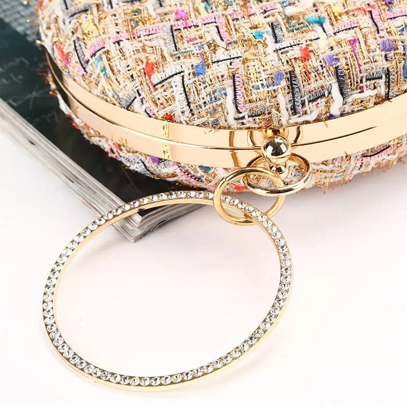 Factory direct wholesale new style round evening bag weave fabric clutches crystal metal handle lady handbags for party banquet
