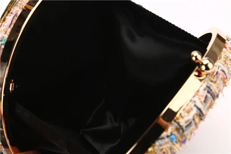Factory direct wholesale new style round evening bag weave fabric clutches crystal metal handle lady handbags for party banquet