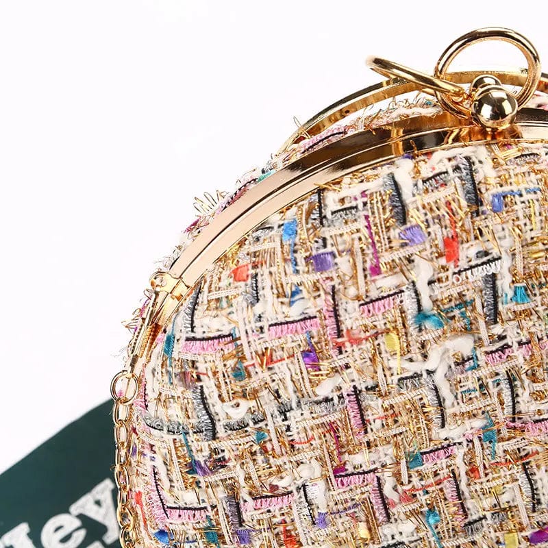 Factory direct wholesale new style round evening bag weave fabric clutches crystal metal handle lady handbags for party banquet