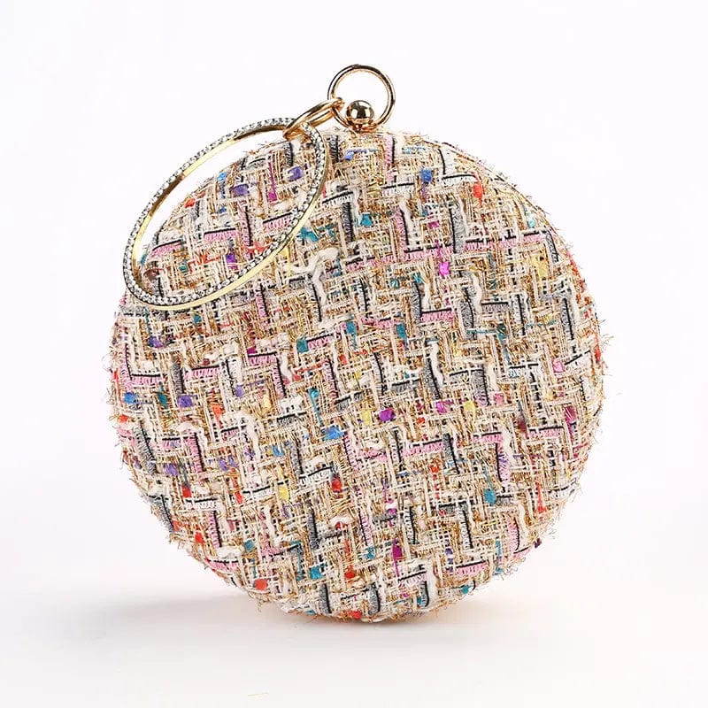 Factory direct wholesale new style round evening bag weave fabric clutches crystal metal handle lady handbags for party banquet