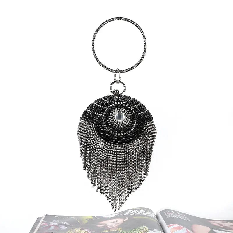Factory direct wholesale pearl diamond PU fabric fashion ball shaped clutch bag tassel evening bag for party banquet prom