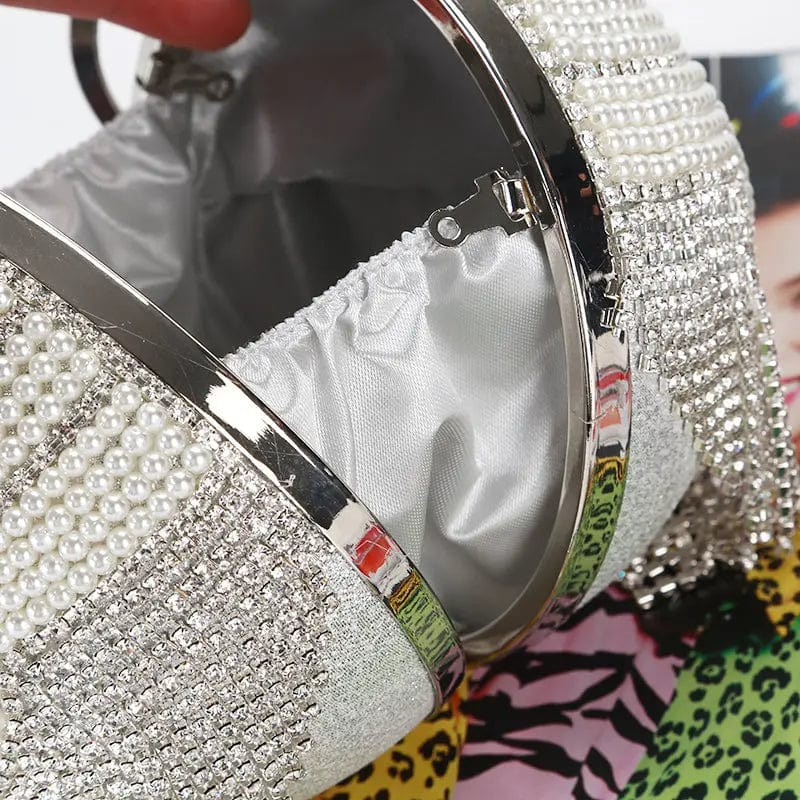 Factory direct wholesale pearl diamond PU fabric fashion ball shaped clutch bag tassel evening bag for party banquet prom