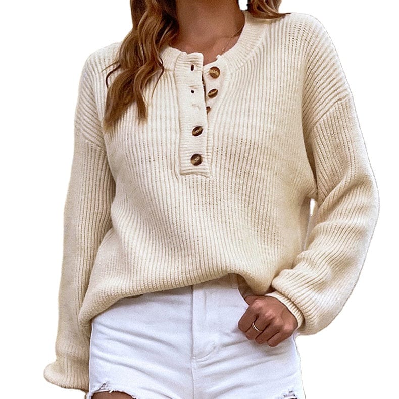 Factory directsale autumn winter solid color with button long sleeve jumper sweater women new round neck knit top sweater jumper