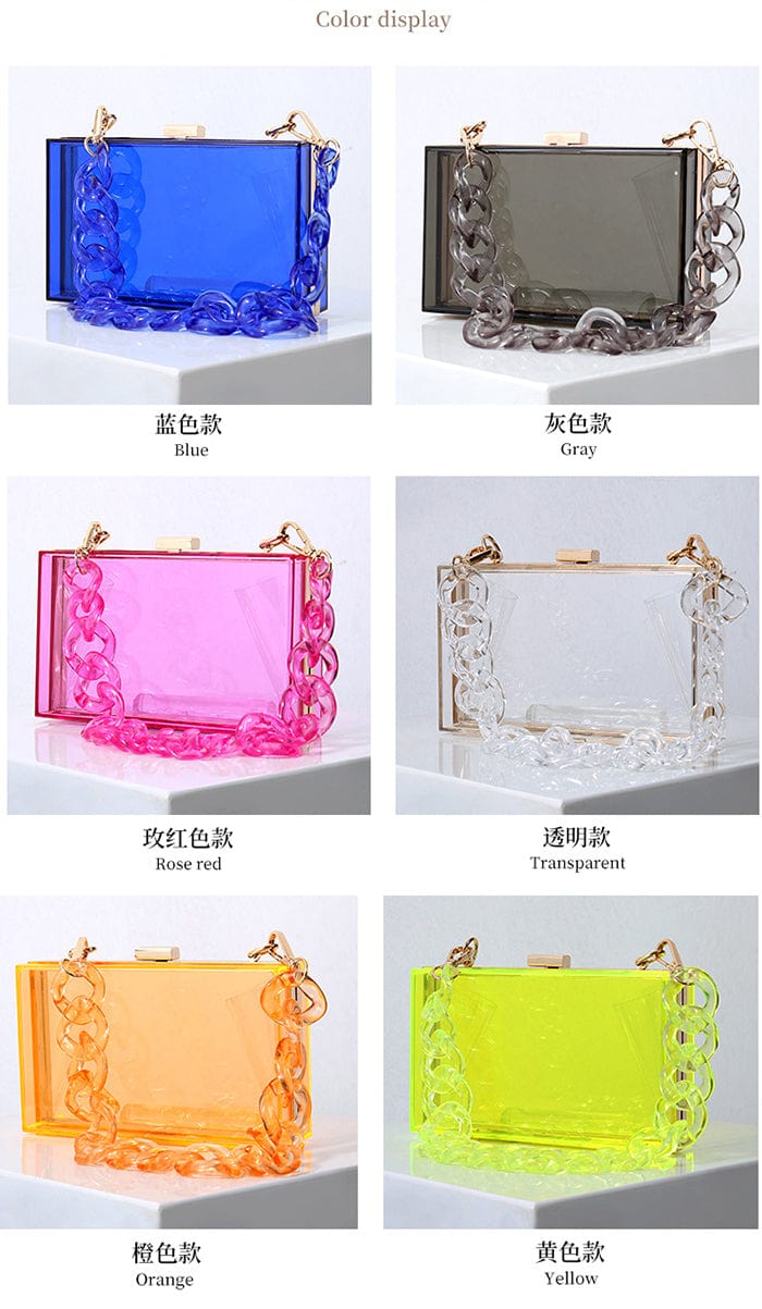 Factory In Stock Wedding Party Use Hard Purse Shoulder Handbag with Removable Gold Chain Strap Women Clear Box Purse Clutch Bag
