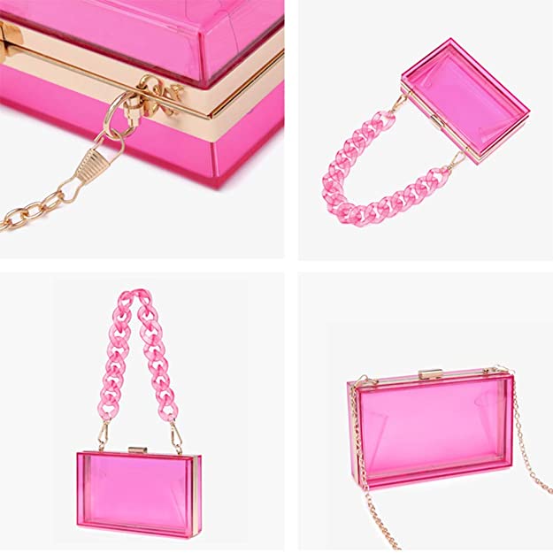 Factory In Stock Wedding Party Use Hard Purse Shoulder Handbag with Removable Gold Chain Strap Women Clear Box Purse Clutch Bag