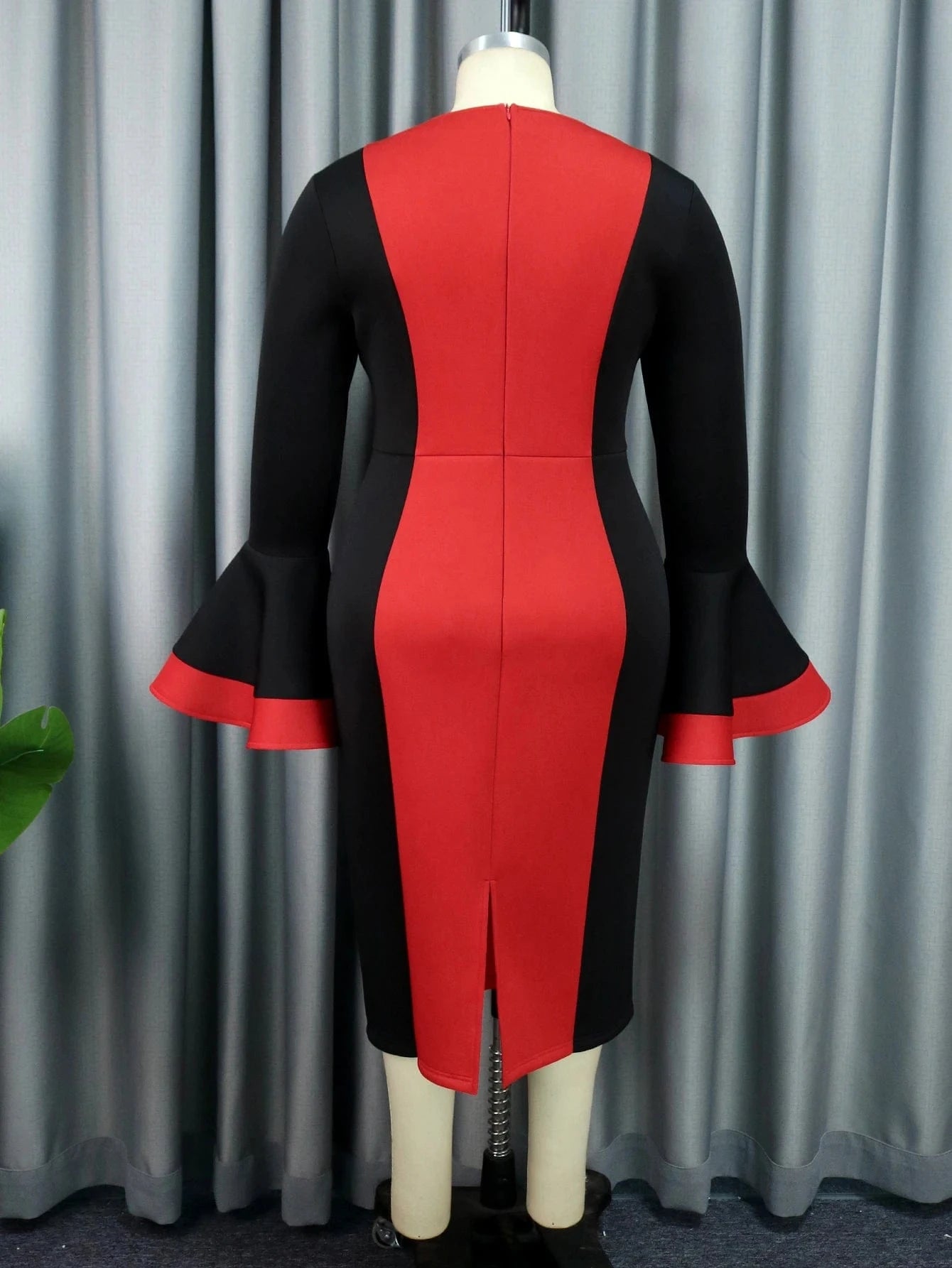 Factory Long Flare Sleeve Contrast Color Women Midi Evening Dresses