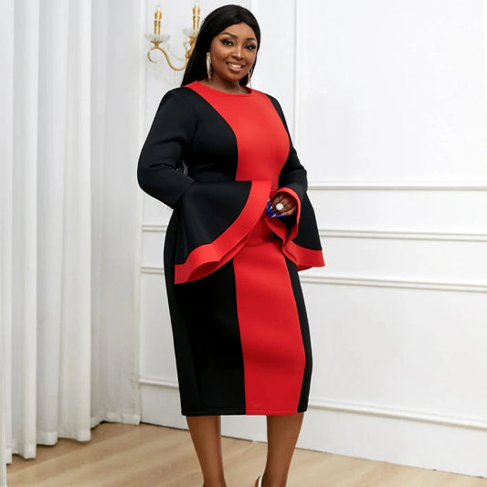 Factory Long Flare Sleeve Contrast Color Women Midi Evening Dresses