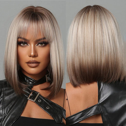 Factory stock Short Straight Synthetic Wigs for Women Blonde to Brown Ombre Bob Wigs with Bangs Daily Heat Resistant Hair