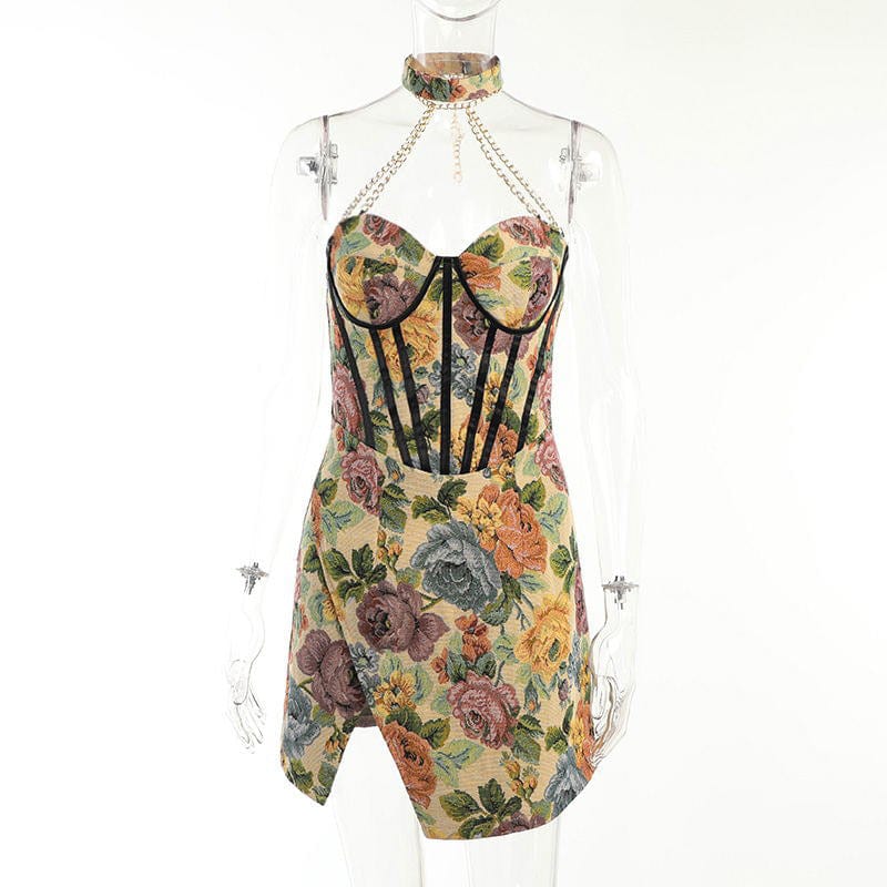 Factory Wholesale Sleeveless Corset Party Dress Floral Prom Dresses with Collar