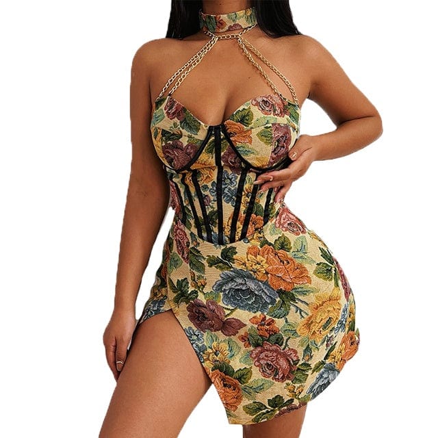 Factory Wholesale Sleeveless Corset Party Dress Floral Prom Dresses with Collar