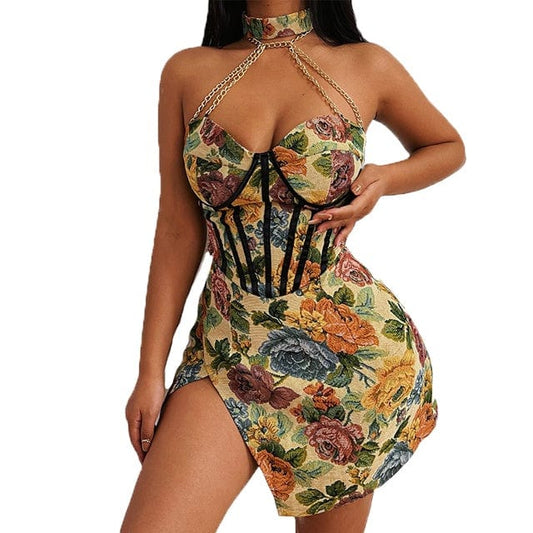 Factory Wholesale Sleeveless Corset Party Dress Floral Prom Dresses with Collar