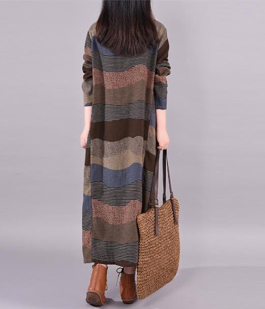 Factory Wholesale Women's Long Sleeve  Dress Cotton Linen Loose Striped  A-line O-Neck Women's Clothes  Casual Dress