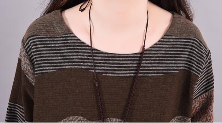 Factory Wholesale Women's Long Sleeve  Dress Cotton Linen Loose Striped  A-line O-Neck Women's Clothes  Casual Dress