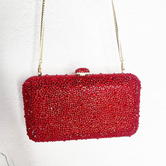 Factory Wholesales Red Rhinestone Crystal Clutch Women Box Clutch Purse Evening Bag for Wedding Party