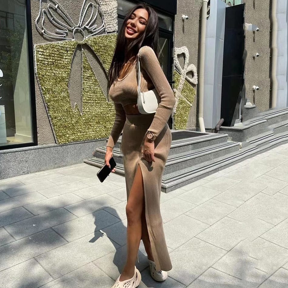 Factory women clothing foreign solid color long-sleeved sweater knitting fashion sexy split long skirt 2 pieces women set