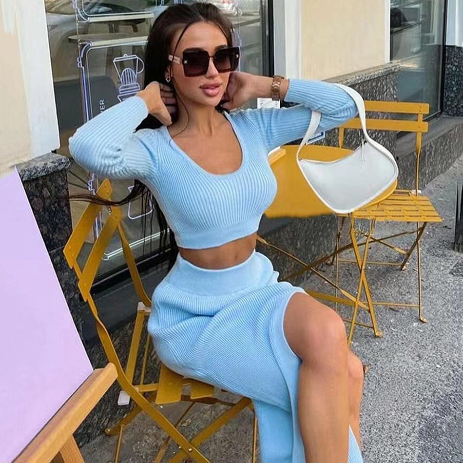 Factory women clothing foreign solid color long-sleeved sweater knitting fashion sexy split long skirt 2 pieces women set