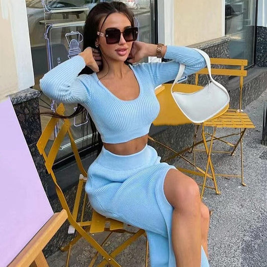 Factory women clothing foreign solid color long-sleeved sweater knitting fashion sexy split long skirt 2 pieces women set