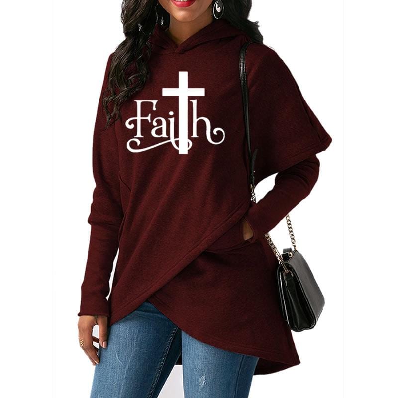 faith letter print Warm cross hot sale loose Women Hoodies sweatshirt irregular hem design long sleeve women sweatshirt
