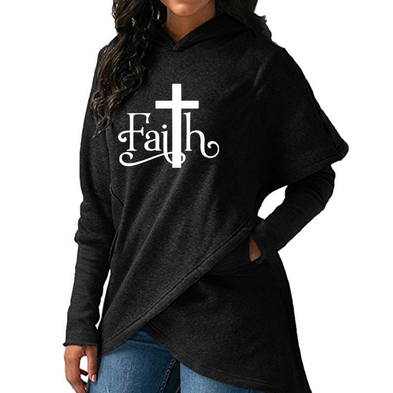 faith letter print Warm cross hot sale loose Women Hoodies sweatshirt irregular hem design long sleeve women sweatshirt