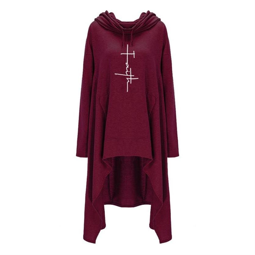 Faith Letters Print Long Irregular Hoodies For Women Sweatshirt Femmes Tops Pullovers Women Corduroy Female Printing Loose And