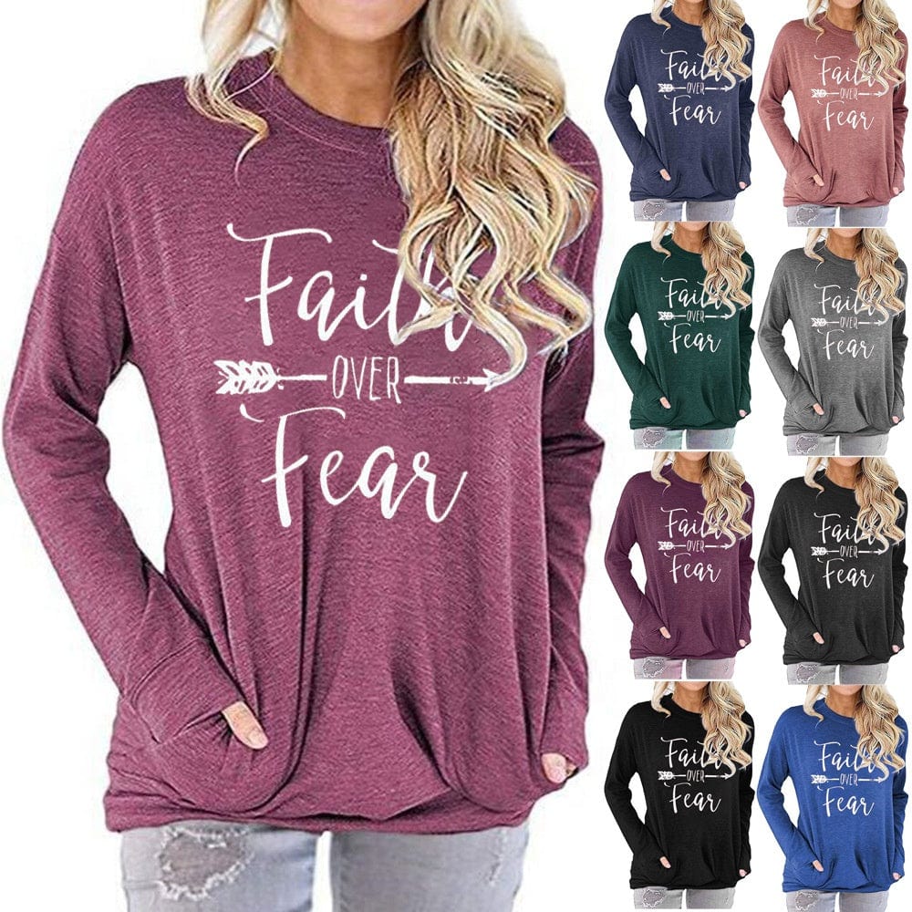 Faith over Fear printed round neck long sleeve t-shirt