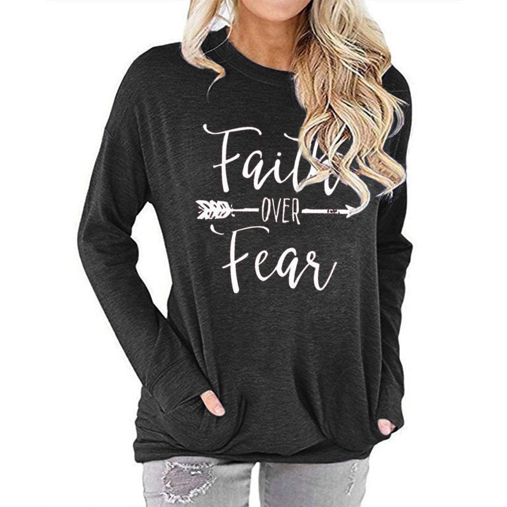Faith over Fear printed round neck long sleeve t-shirt