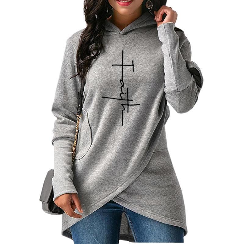 faith print Warm cross hot sale loose Women Hoodies sweatshirt irregular hem design long sleeve women sweatshirt