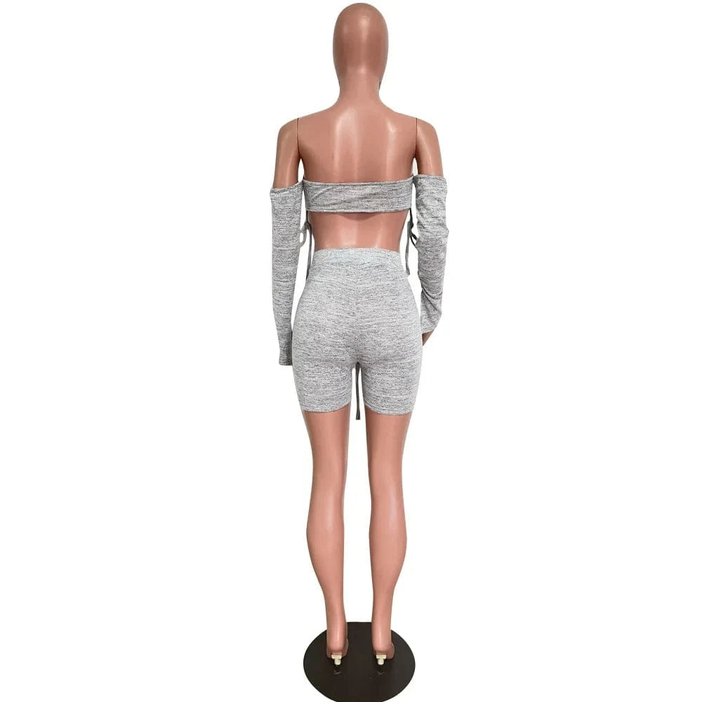 Fall 2 pc Set Shorts Long Sleeve Autumn Clothes Ladies Ruch 2 Piece Set Sweat Shorts Lace Up Women Two Piece Set Crop Top Shorts