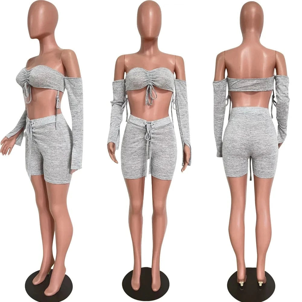 Fall 2 pc Set Shorts Long Sleeve Autumn Clothes Ladies Ruch 2 Piece Set Sweat Shorts Lace Up Women Two Piece Set Crop Top Shorts