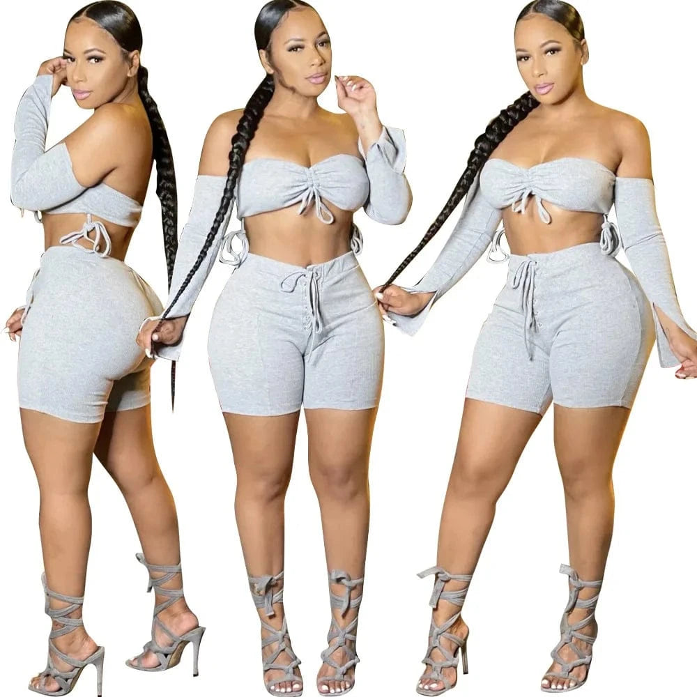 Fall 2 pc Set Shorts Long Sleeve Autumn Clothes Ladies Ruch 2 Piece Set Sweat Shorts Lace Up Women Two Piece Set Crop Top Shorts