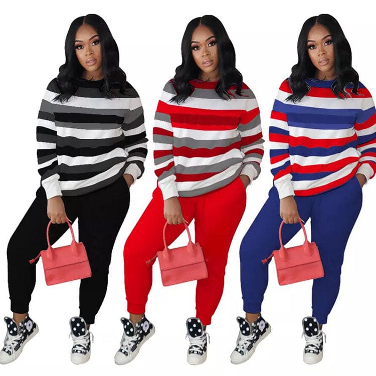 Fall 2022 New Trendy Stripe Women Stripe Polyester Pullover Sportswear Tracksuits 2 Piece Set for Woman Top +Pants Suit Set