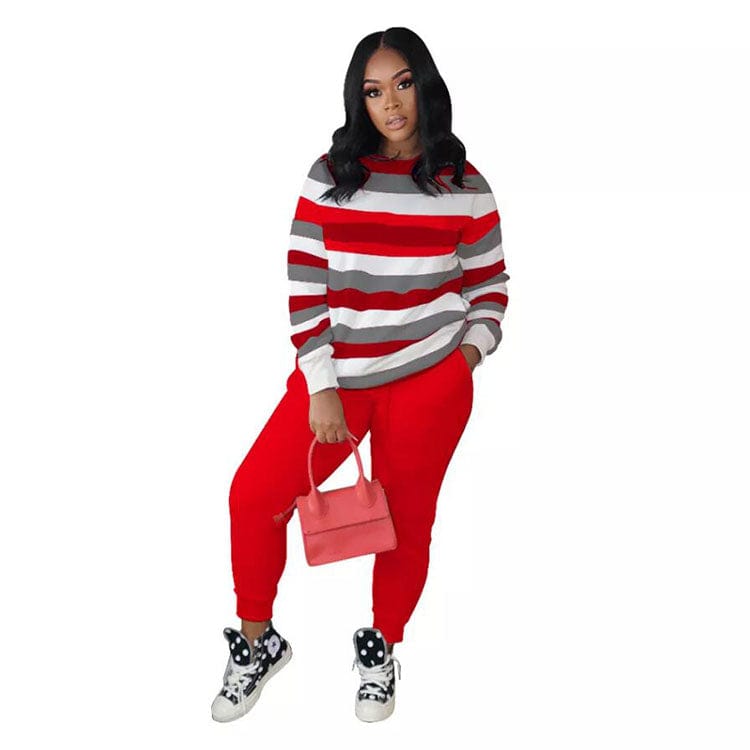 Fall 2022 New Trendy Stripe Women Stripe Polyester Pullover Sportswear Tracksuits 2 Piece Set for Woman Top +Pants Suit Set